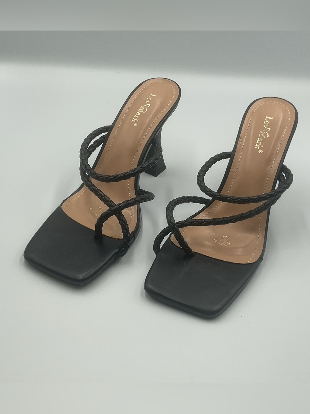 Black High Heel Mule Slip On Strappy Chunky Square Open Toe Sandal Shoe 8